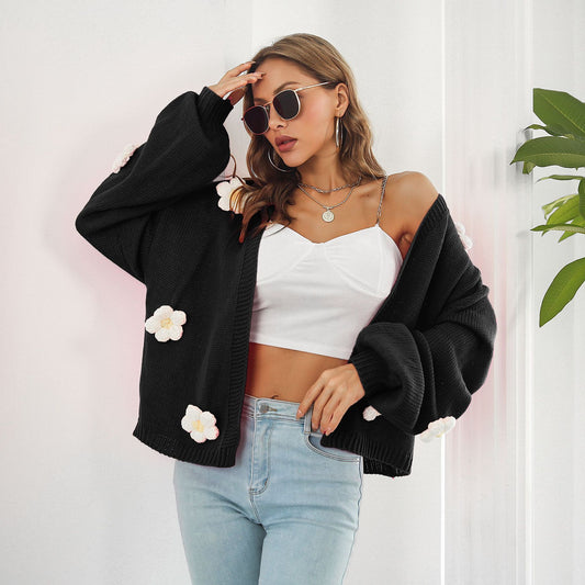 Balloon Sleeve 3D Floral Cardigan