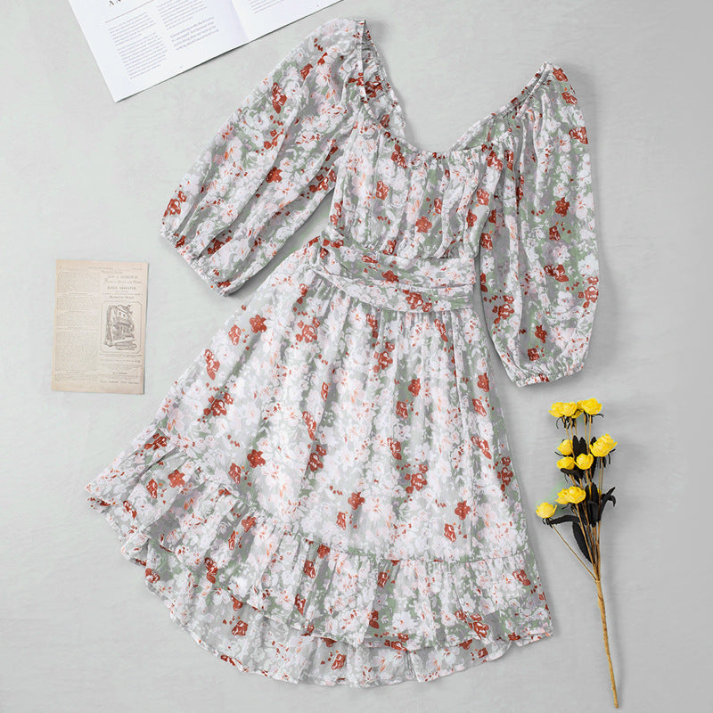 Waisted Lantern Sleeve Floral Skirt Ruffled Half-Sleeved Dress