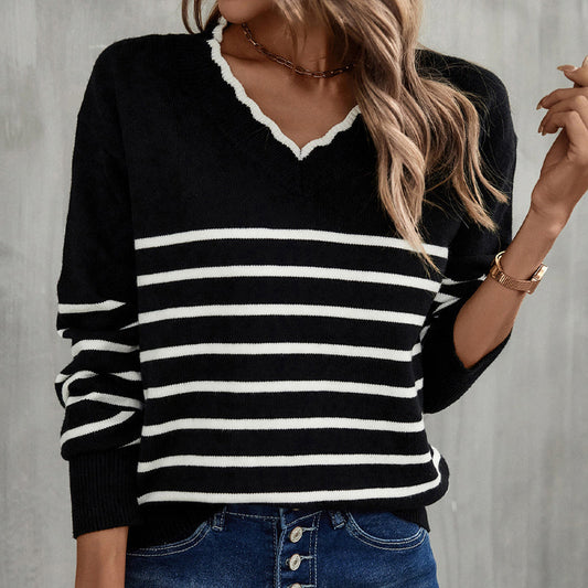 Ladies V-Neck Striped Knit Jumper Sweater