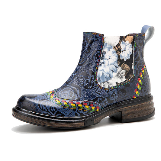 Classic Flower Embossed Chunky Heel Ankle Boots