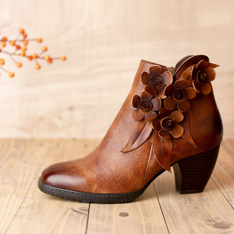 Comfy Vintage Handmade Floral Ankle Leather Boots
