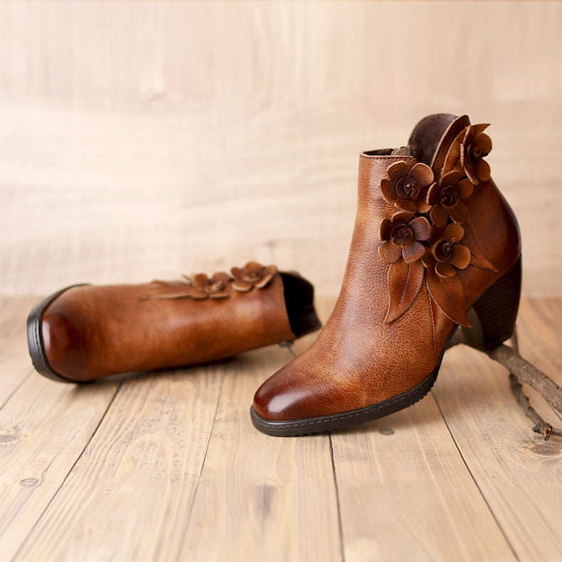 Comfy Vintage Handmade Floral Ankle Leather Boots