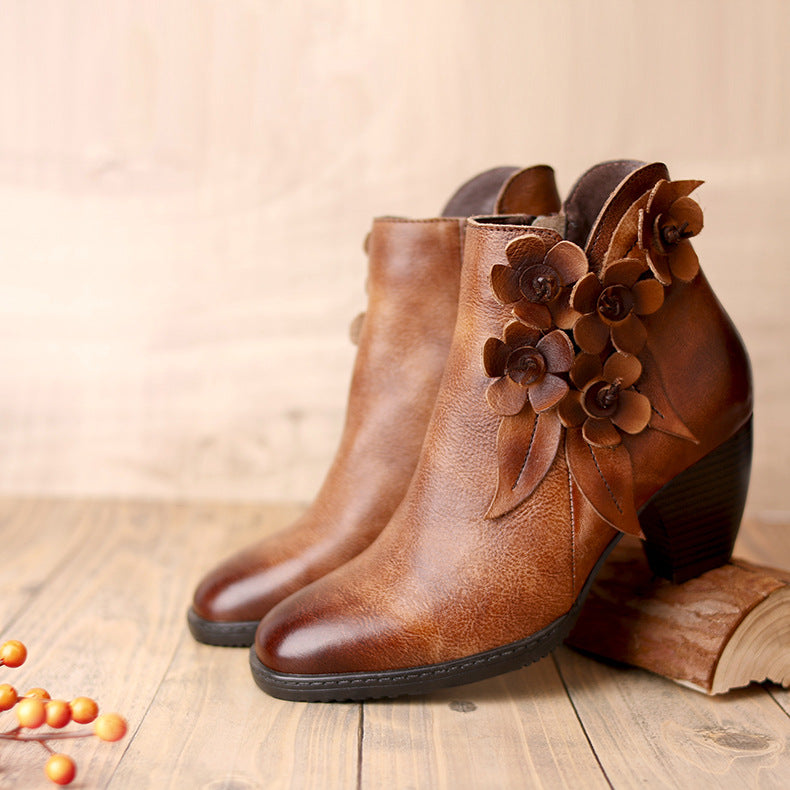 Comfy Vintage Handmade Floral Ankle Leather Boots