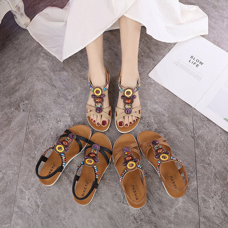 Open Toe Beaded Colorful Flat Sandals