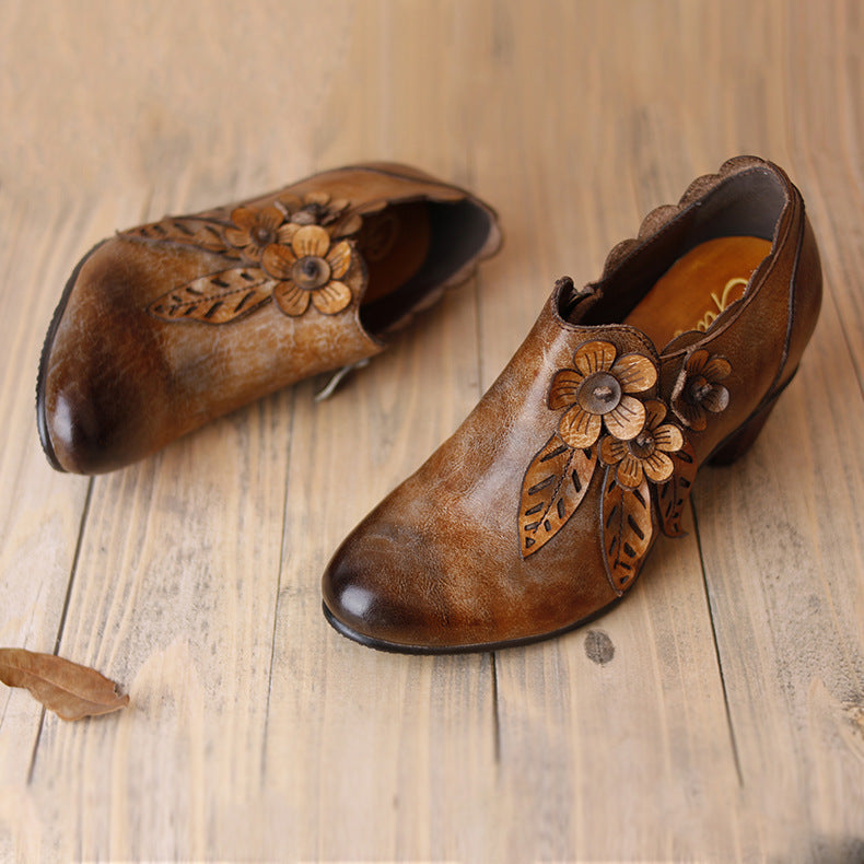 Retro Handmade Floral Leather Low-Heel Pumps