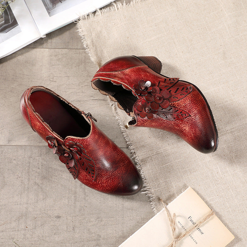 Retro Handmade Floral Leather Low-Heel Pumps