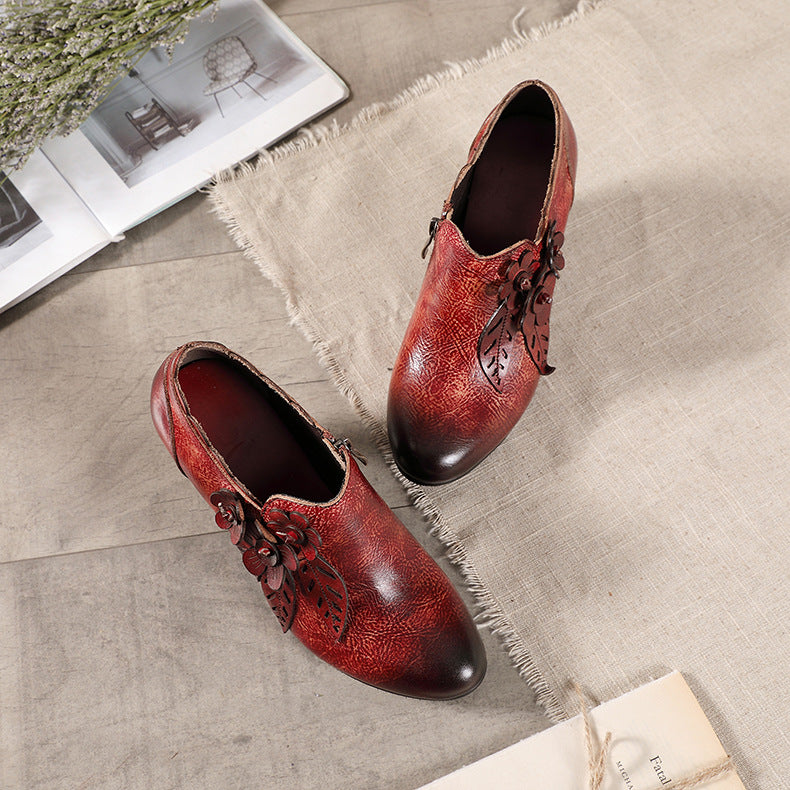 Retro Handmade Floral Leather Low-Heel Pumps