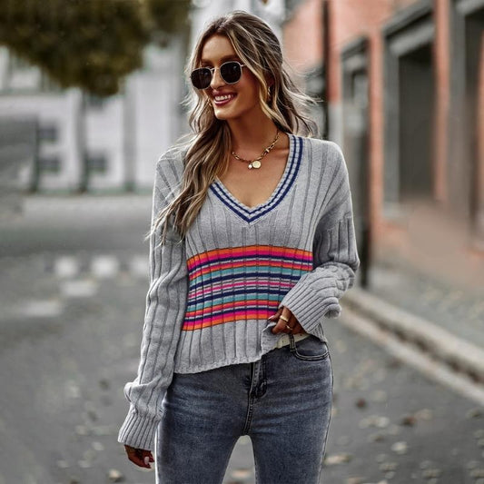 Striped Long Sleeve V-neck Jumpers