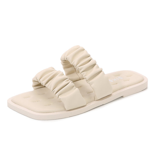 Two-Band Slip-on Flat Sandals With Wrinkle Vamp