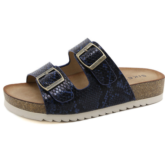 Two Band Snake Pattern Slip-on Cork Sandals