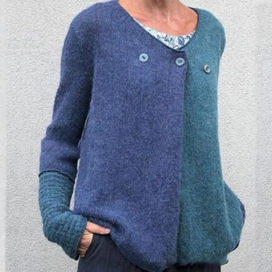 Casual Color Block Knit Button Cropped Cardigan