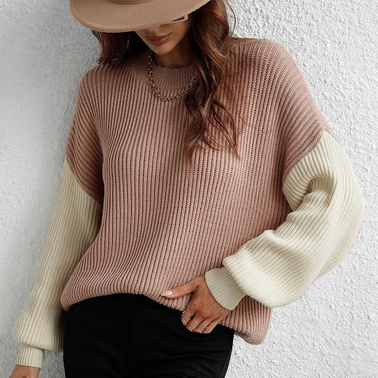 Color Block Crew Neck Balloon Sleeve Knit Jumper Sweater