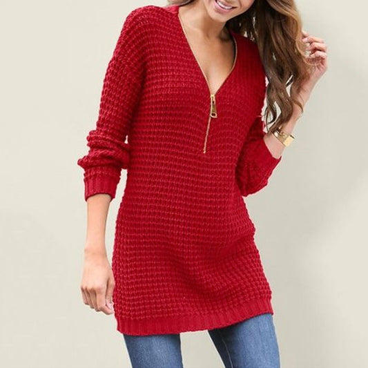 Stylish V Neck Long Sleeve Zipper Sweater