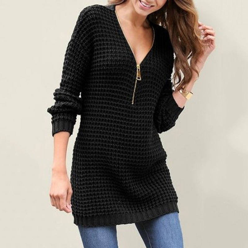 Women's Zipper V Neck Long Sleeve knitted Sweater