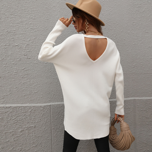Women's Oversized V-neck Backless Sweater Jumper