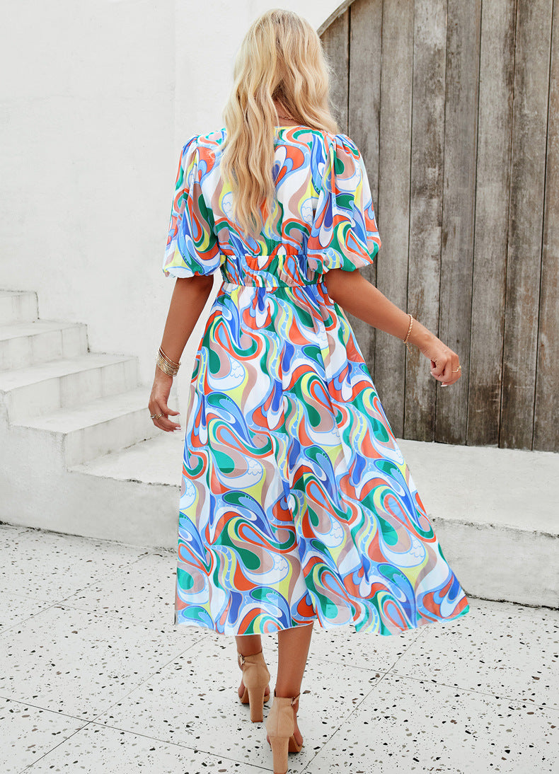 Casual Print Boho Maxi Dress With Waist Tucked In