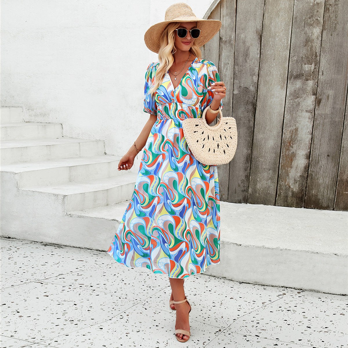 Casual Print Boho Maxi Dress With Waist Tucked In