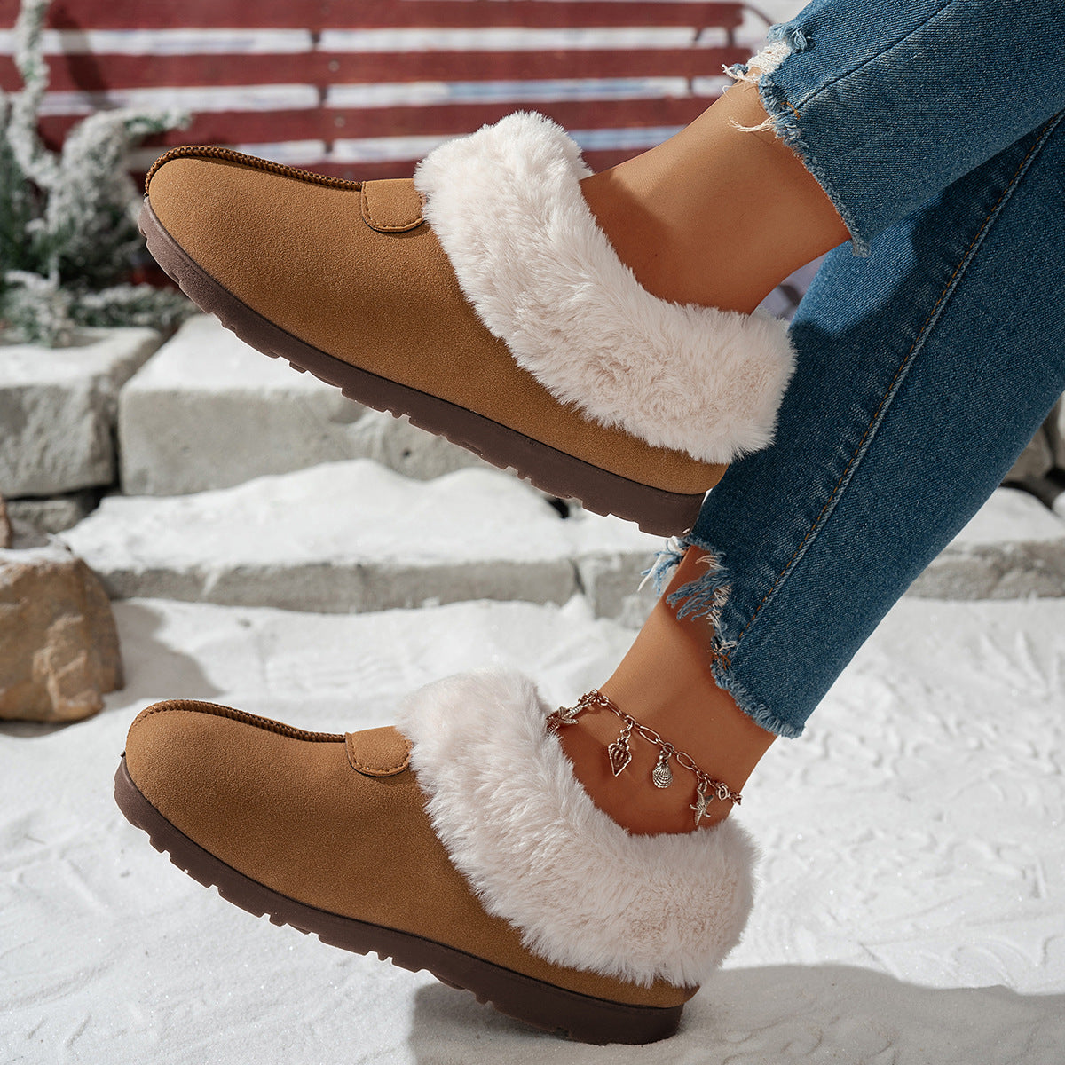 Ladies Low Heel Fur Trimmed Chic Winter Shoes