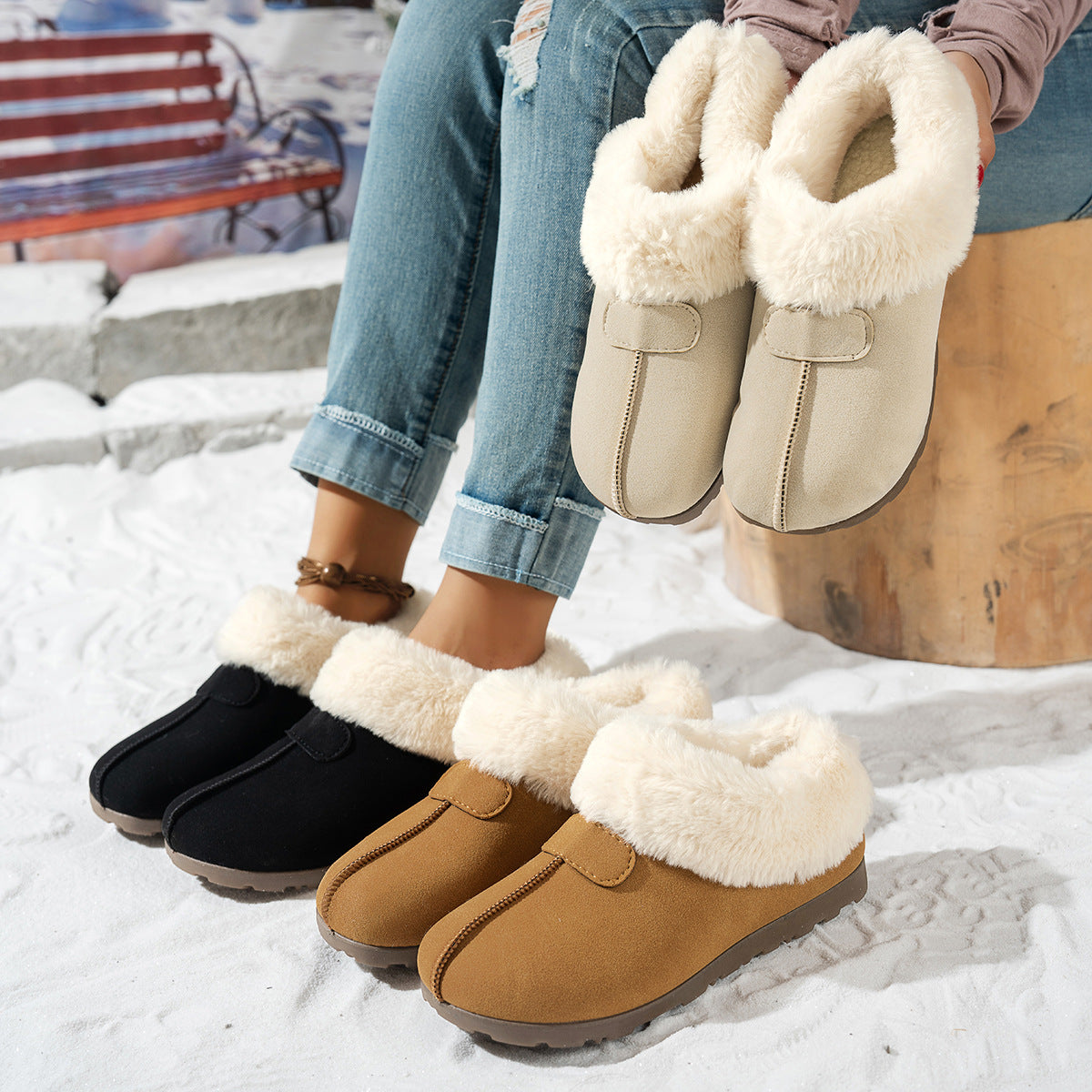Ladies Low Heel Fur Trimmed Chic Winter Shoes