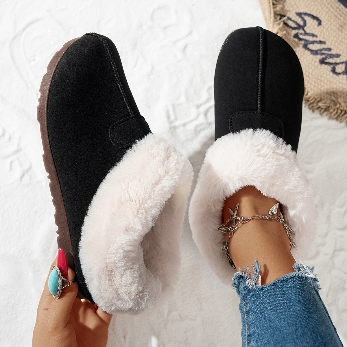 Ladies Low Heel Fur Trimmed Chic Winter Shoes