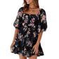 Waisted Lantern Sleeve Floral Skirt Ruffled Half-Sleeved Dress