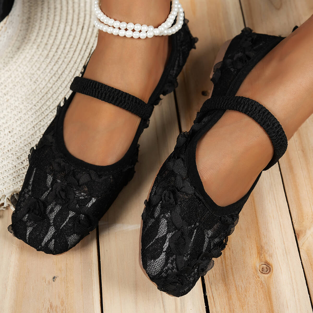 Square-Toe Floral Ballet Flats