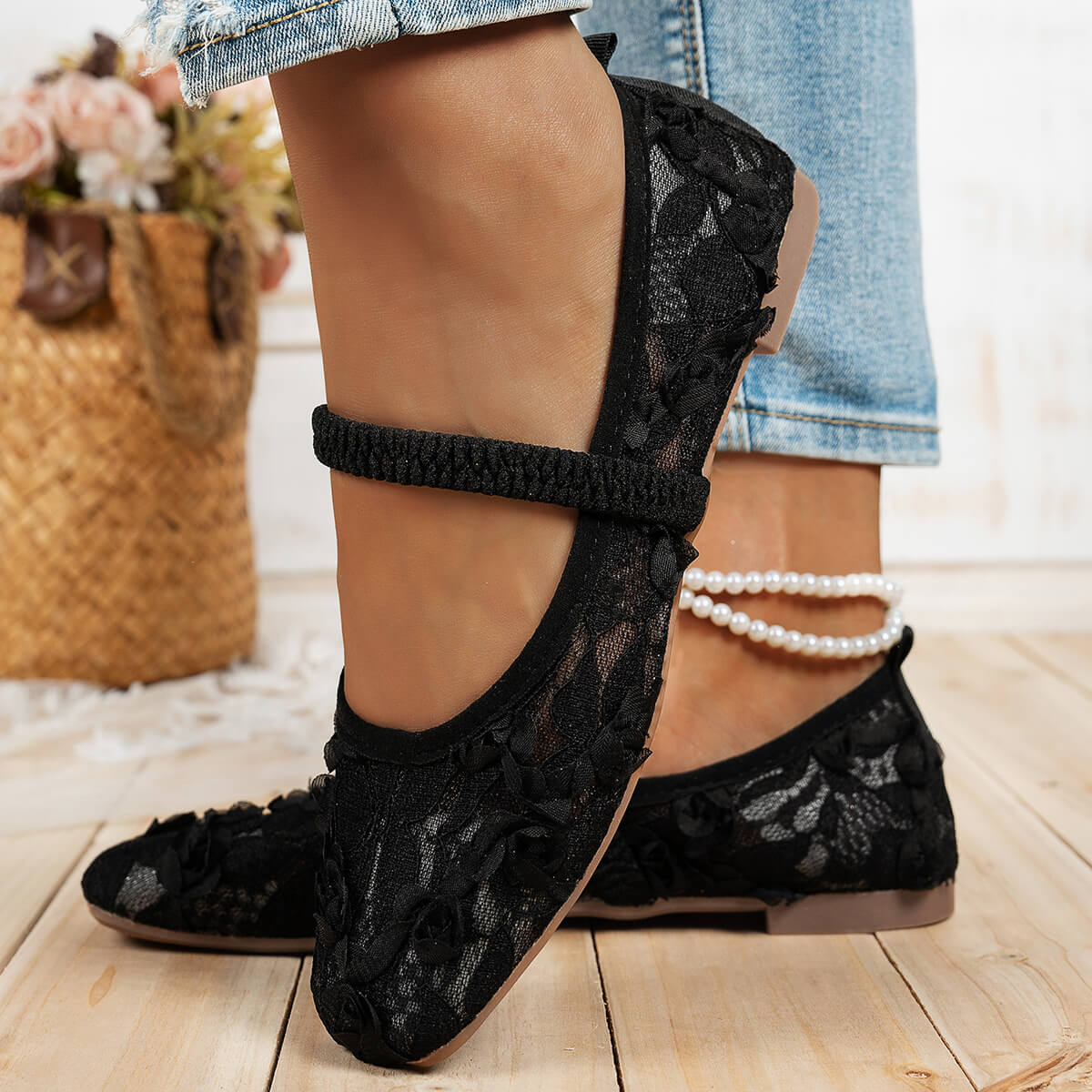 Square-Toe Floral Ballet Flats