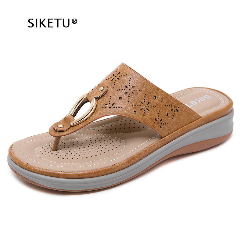 SIKETU Women's Low Wedge Flip Flop Sandals With Metal Decoration