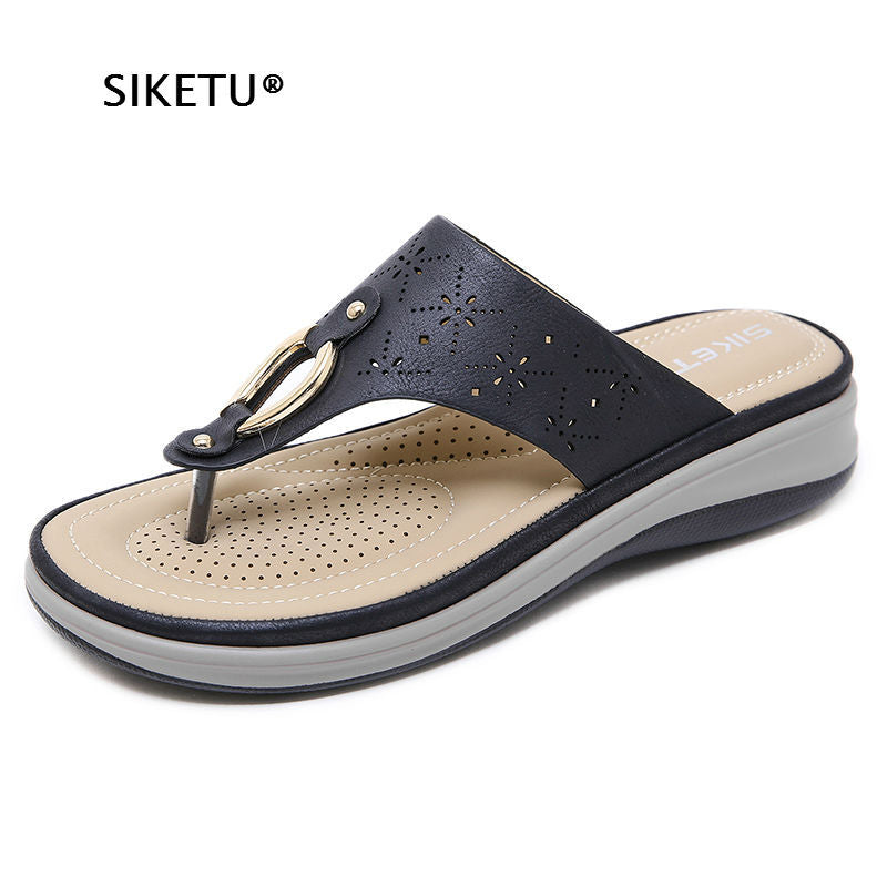 SIKETU Women's Low Wedge Flip Flop Sandals With Metal Decoration