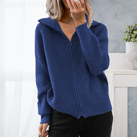 Women's Knit Zip-Up Knit Lapel Sweater Outerwear