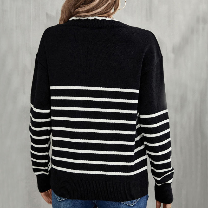 Ladies V-Neck Striped Knit Jumper Sweater