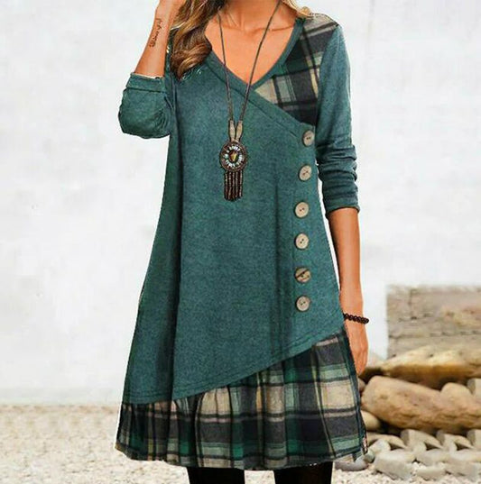 Autumn Casual Patchwork Long sleeve Dress Retro Style Dresses