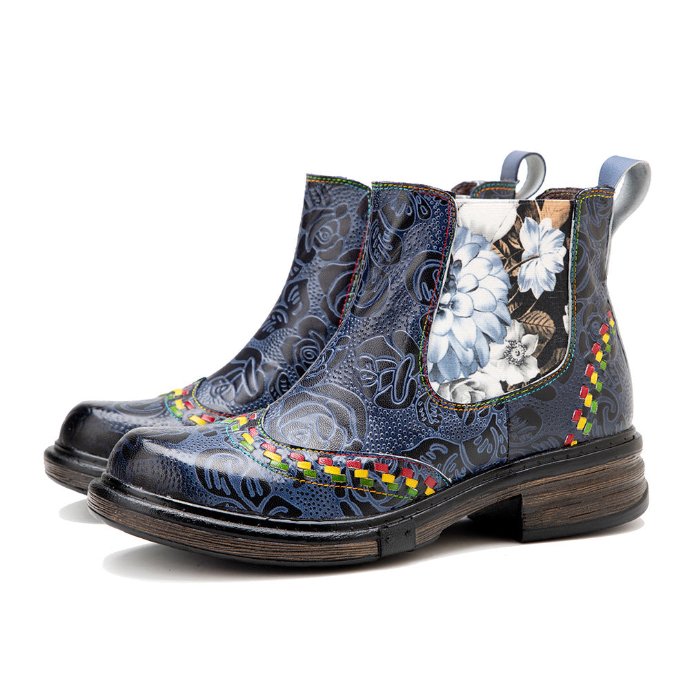 Classic Flower Embossed Chunky Heel Ankle Boots