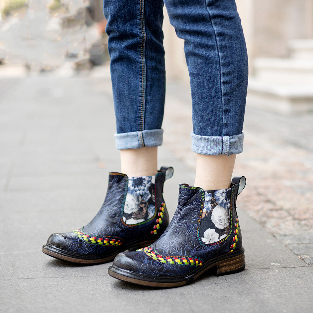 Classic Flower Embossed Chunky Heel Ankle Boots