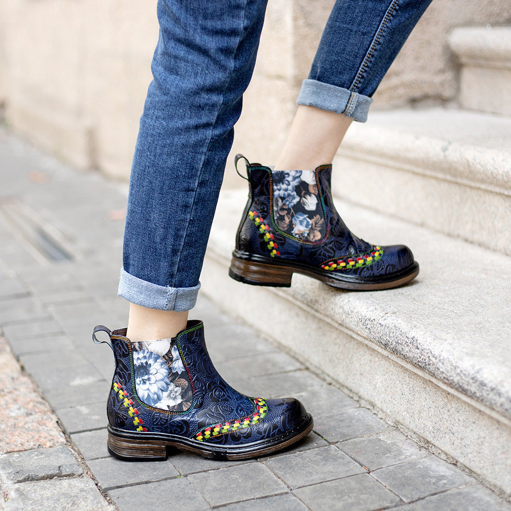 Classic Flower Embossed Chunky Heel Ankle Boots