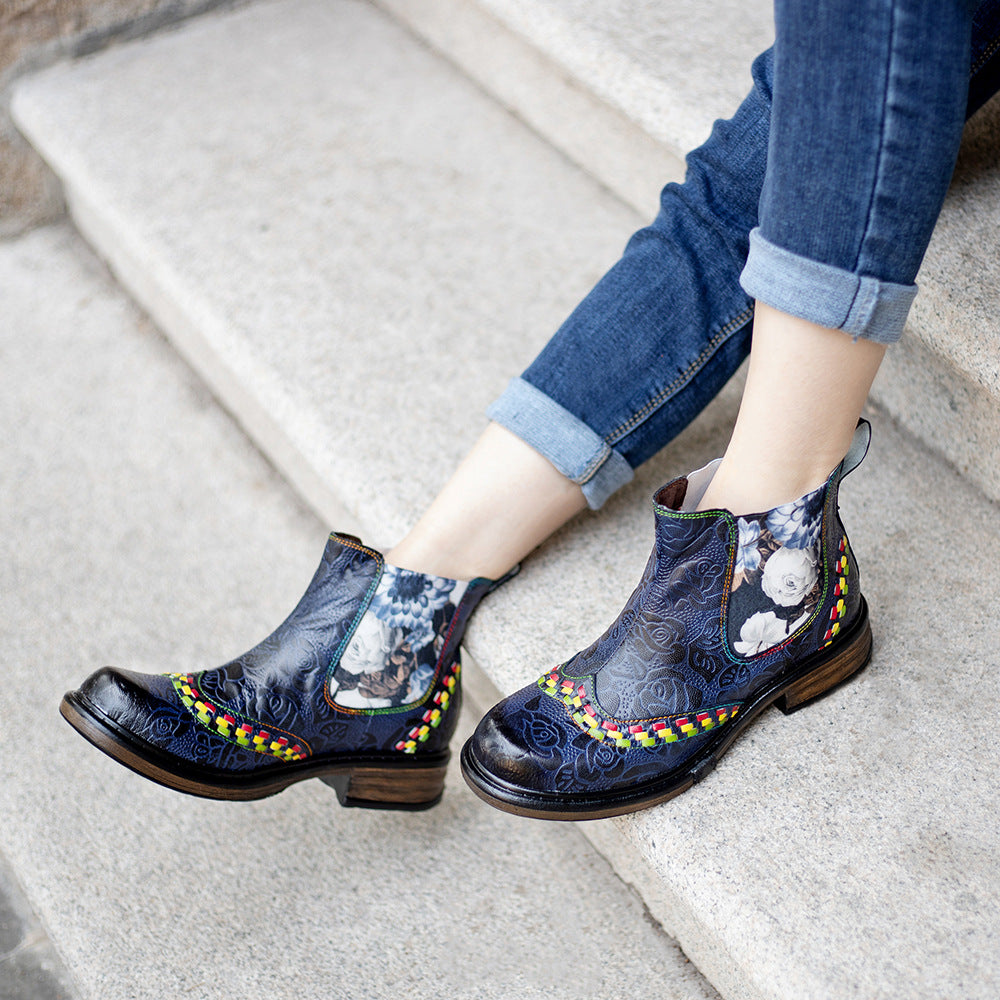 Classic Flower Embossed Chunky Heel Ankle Boots