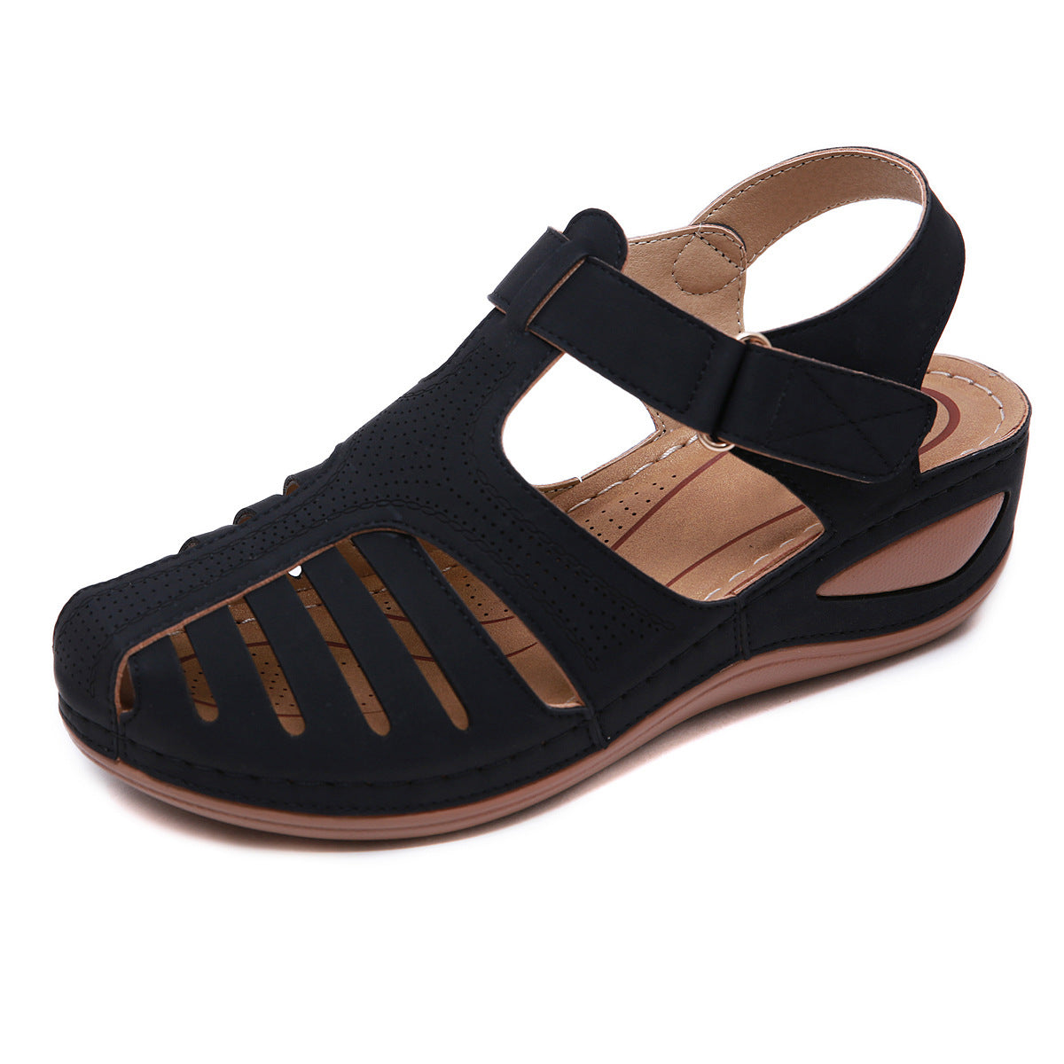 Closed Toe Velcro Wedge Sandals Black