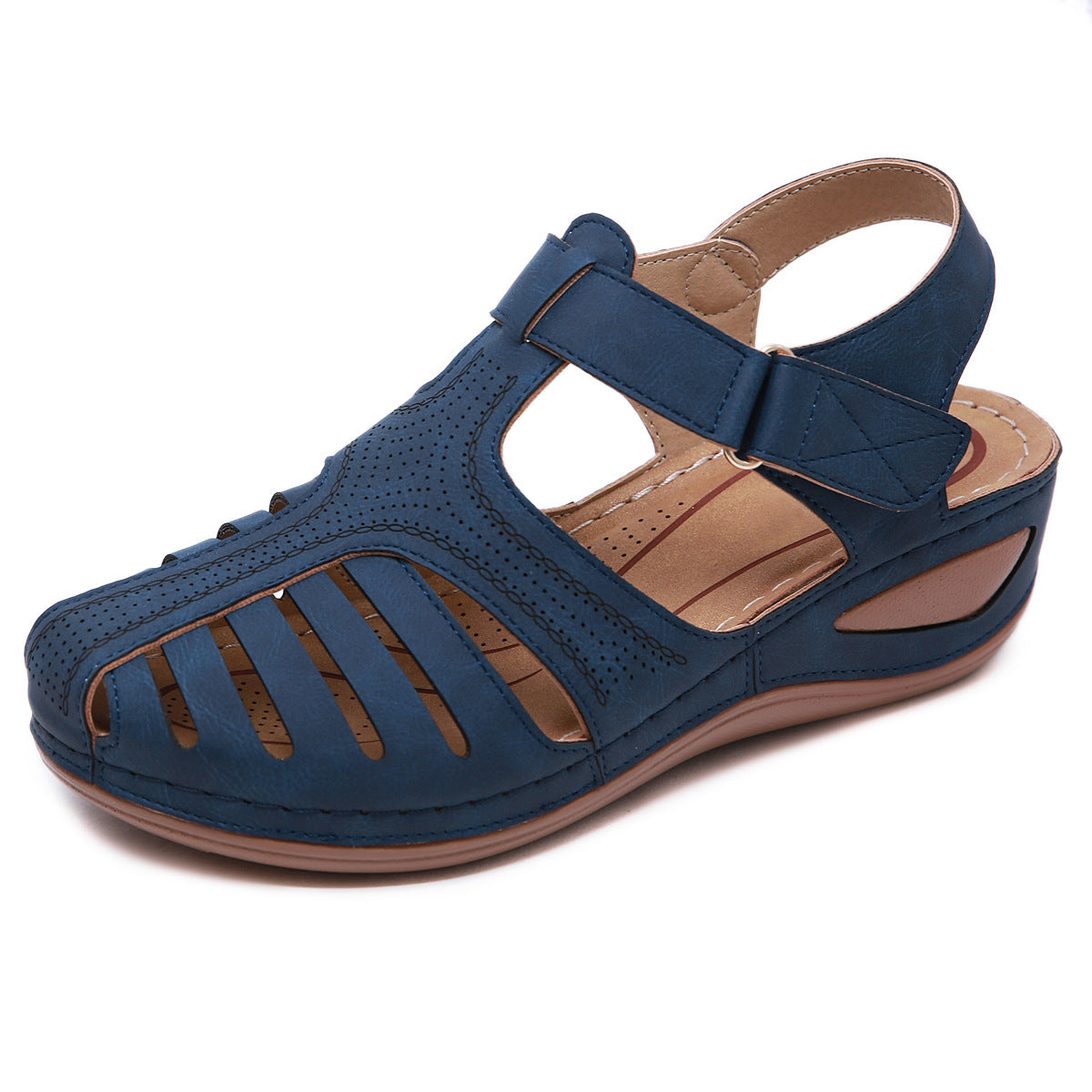 Closed Toe Velcro Wedge Sandals Navy