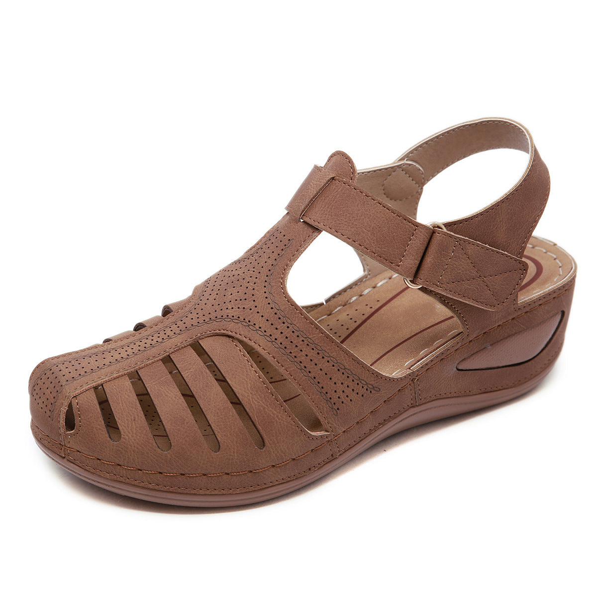 Closed Toe Velcro Wedge Sandals Brown
