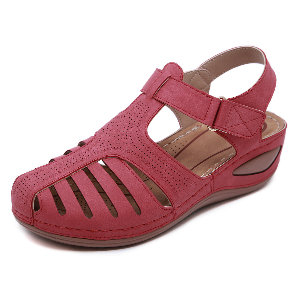 Closed Toe Velcro Wedge Sandals Red