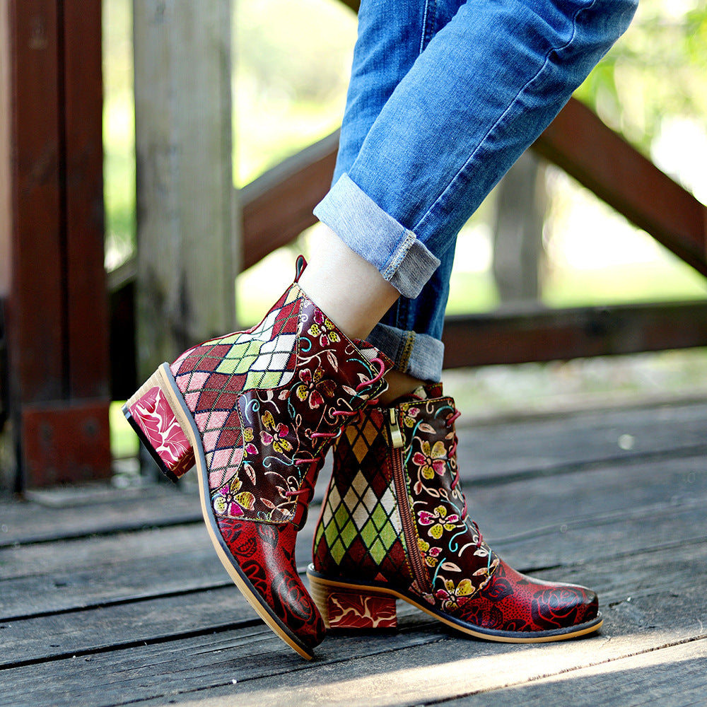 Cowgirl Splicing Pattern Genuine Leather Zipper Boots