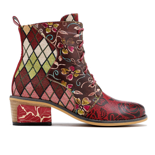 Cowgirl Splicing Pattern Genuine Leather Zipper Boots