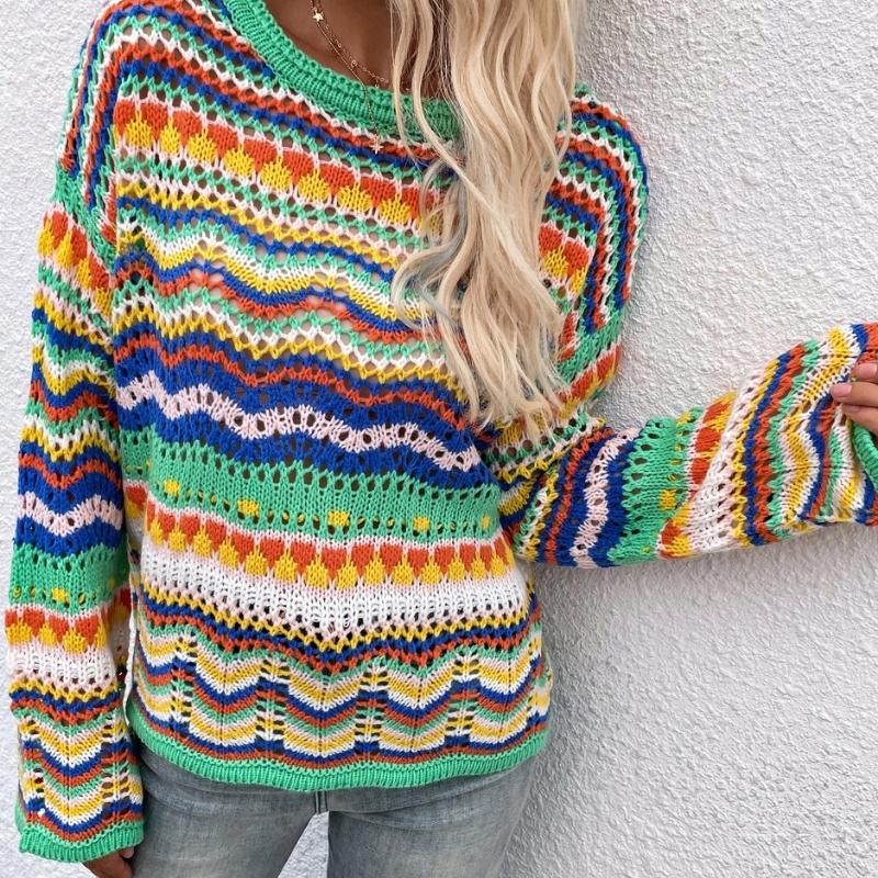 Round Neck Rainbow Crochet Sweater Jumpers – Zalor