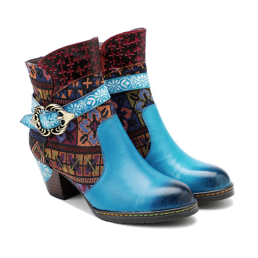 Fashion Casual Leather Hand Jacquard Women's Boots