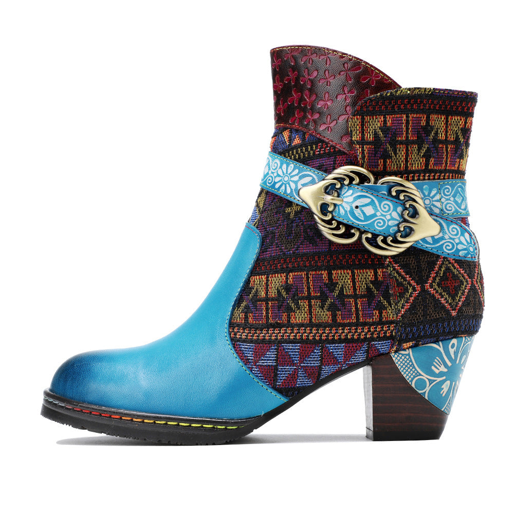 Fashion Casual Leather Hand Jacquard Women's Boots