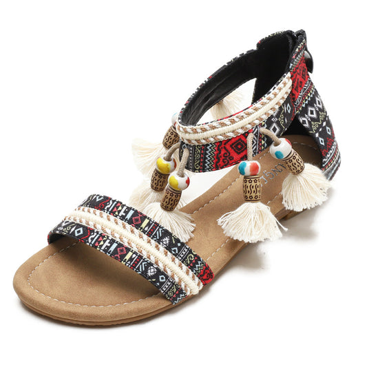 Flat Bohemian Ankle Strap Tassels Sandals