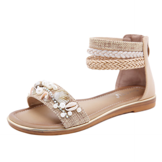 Flat Bohemian Sandals With Beads and Shell