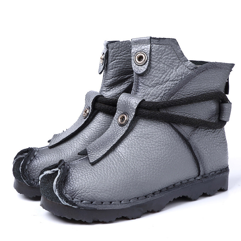 Folk Round Toe Genuine Leather Handmade Short Boots