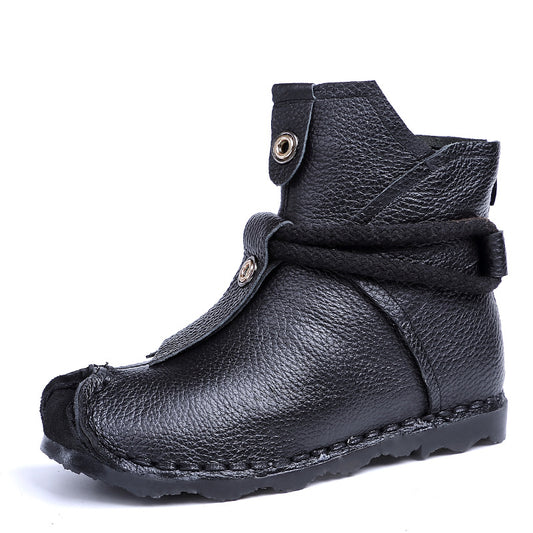 Folk Round Toe Genuine Leather Handmade Short Boots