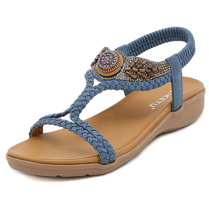 Ladies Low Heel Wedge Sandals With Rhinestones Beads